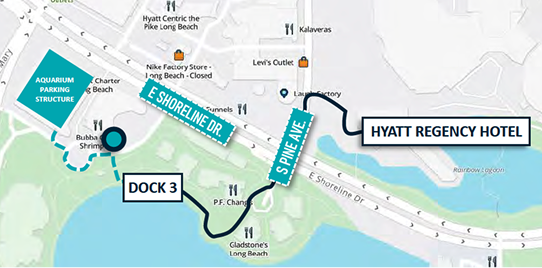 Port of Long Beach Dock Map showing directions to the Harbor Tour from the Hyatt Regency Hotel